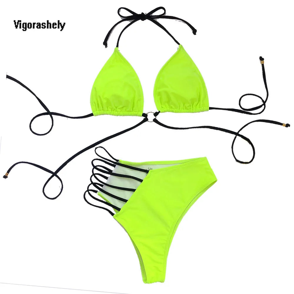 Vigorshely Sexy High Waist Swimwear Women String Bikini Set 2023 Halter Swimsuit Female Brazilian Biquini Bathing Suit Swim Wear