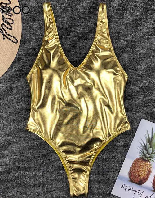 Load image into Gallery viewer, NEW Shiny Gold Silver One Piece Swimsuit Women Swimwear Female Bather V Neck Bathing Suit Swim Wear Monokini
