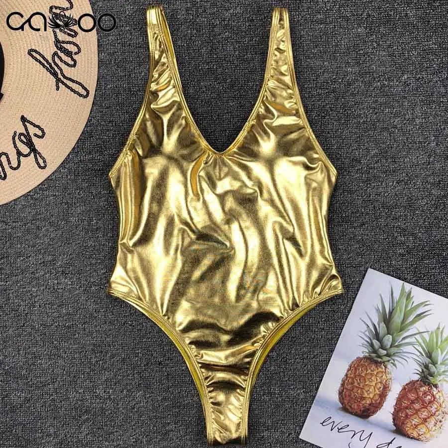 NEW Shiny Gold Silver One Piece Swimsuit Women Swimwear Female Bather V Neck Bathing Suit Swim Wear Monokini