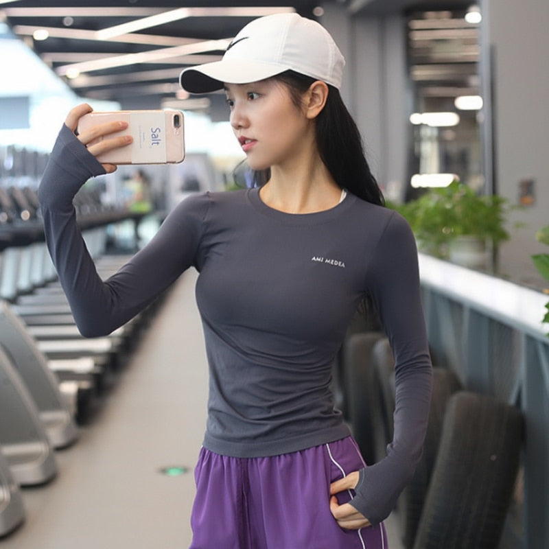 Women Yoga Top Sport Shirts High Elastic Gym  Running Breathable Long sleeve T-Shirts Thumb Hole Gym Tops Sports Wear yoga suit