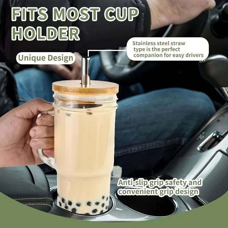 750ML Glass Cup Wooden Lid Bubble Tea Cold Drinking Coffee Wine Juice Milk Transparent Straw Car Mug Cup Drinkware Water Bottle