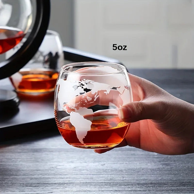Creative Globe Decanter Set with Lead-free Carafe Exquisite Wood-stand and 2 Whisky Glasses Whiskey Decanter Globe Grade Gift