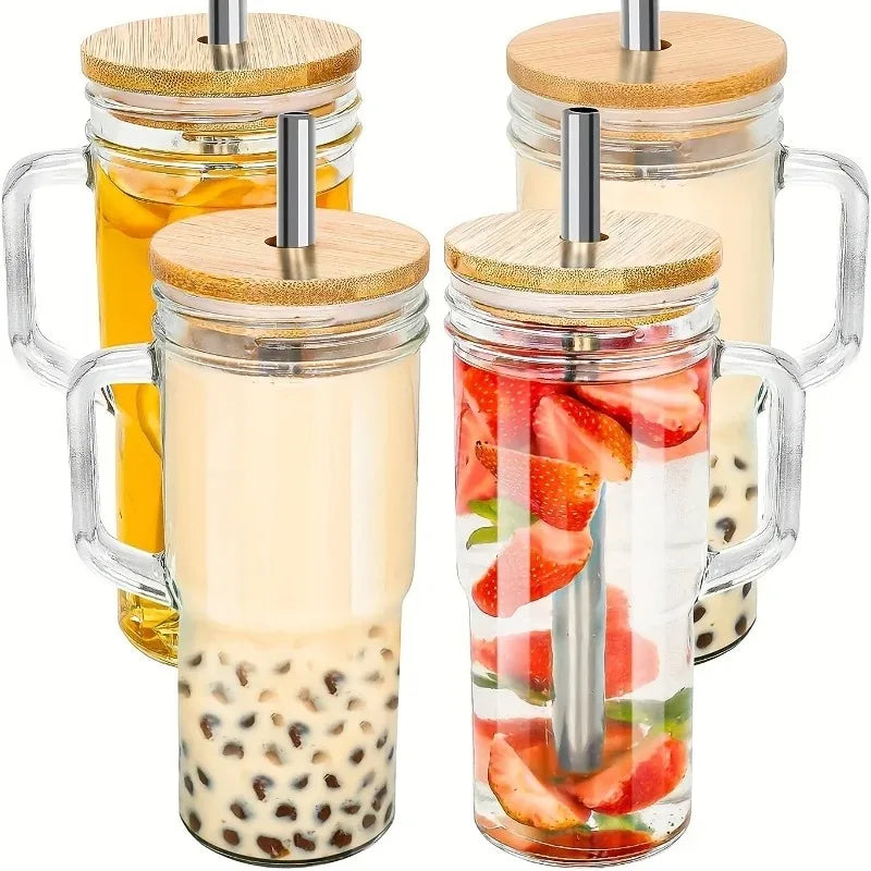 750ML Glass Cup Wooden Lid Bubble Tea Cold Drinking Coffee Wine Juice Milk Transparent Straw Car Mug Cup Drinkware Water Bottle