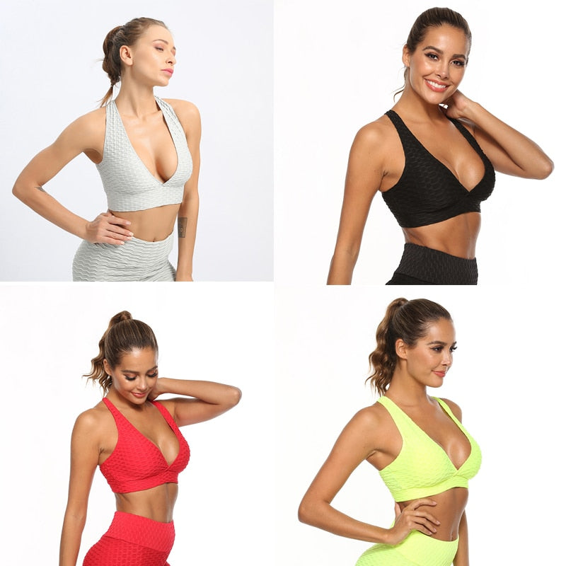 Shockproof Women Workout Sports Bra with Pad Plain Back Cross Push Up Yoga Vest Bubble Fabric Gym Fitness Quick Dry Tank Top