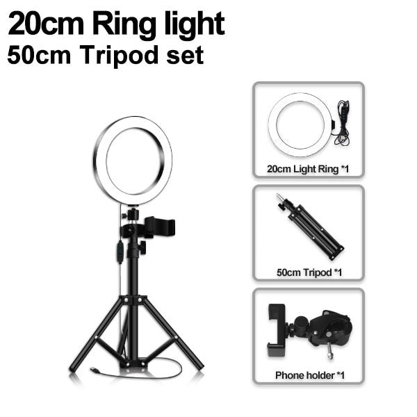 LED Ring Light 16/20/26cm 5600K Dimmable Selfie Ring Lamp With Tripod Phone Holder USB Plug Photo Studio Photography Lighting