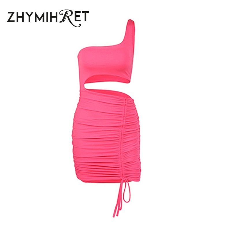 ZHYMIHRET Elegant One Shoulder Dress Hollow Out Waist Ruched Vestidos Mujer Lace Up Mini Bodycon Dress 2021 Summer Sukienka