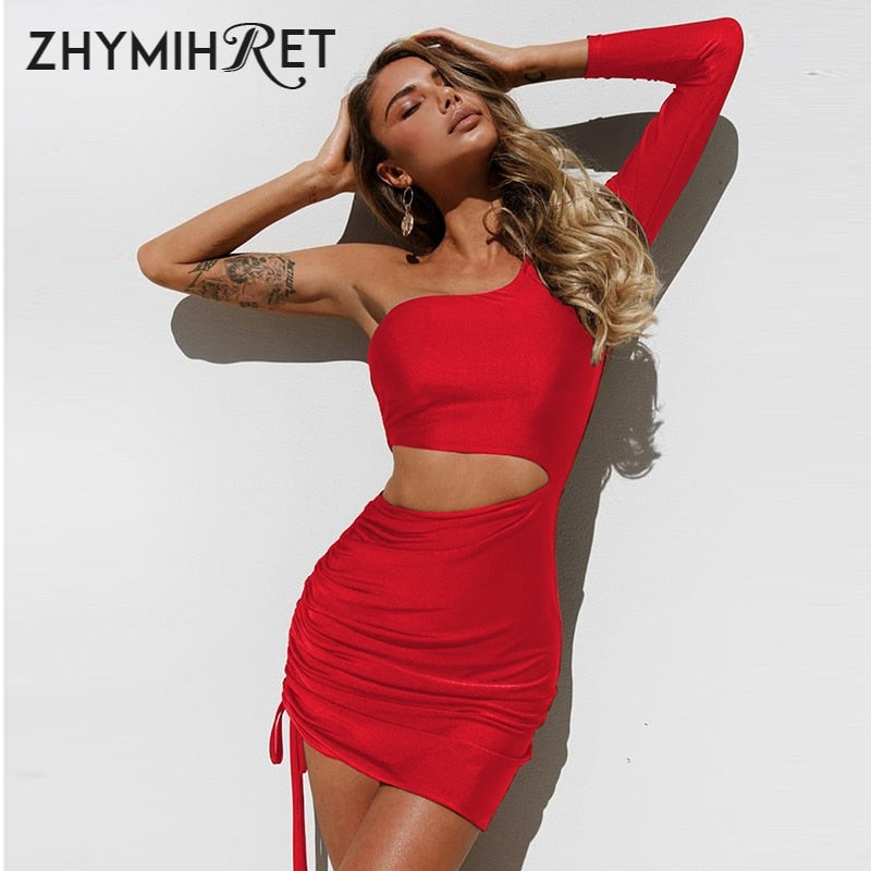 ZHYMIHRET  Fashion Fall One Shoulder Dress Women 2022 Sexy Ruched Waist Hollow Out Dresses Long Sleeve Vestido De Festa Longo