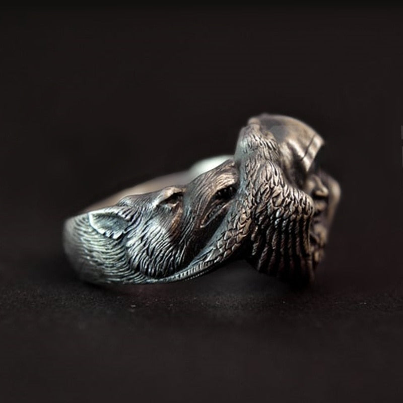 EYHIMD Norse Mythology Odin Raven Rings Mens Viking Wolf Stainless Steel Ring Scandinavian Amulet Jewelry