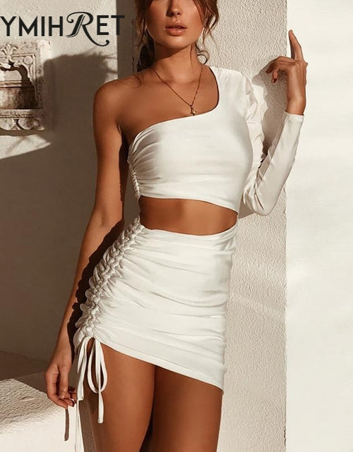 Load image into Gallery viewer, ZHYMIHRET  Fashion Fall One Shoulder Dress Women 2022 Sexy Ruched Waist Hollow Out Dresses Long Sleeve Vestido De Festa Longo
