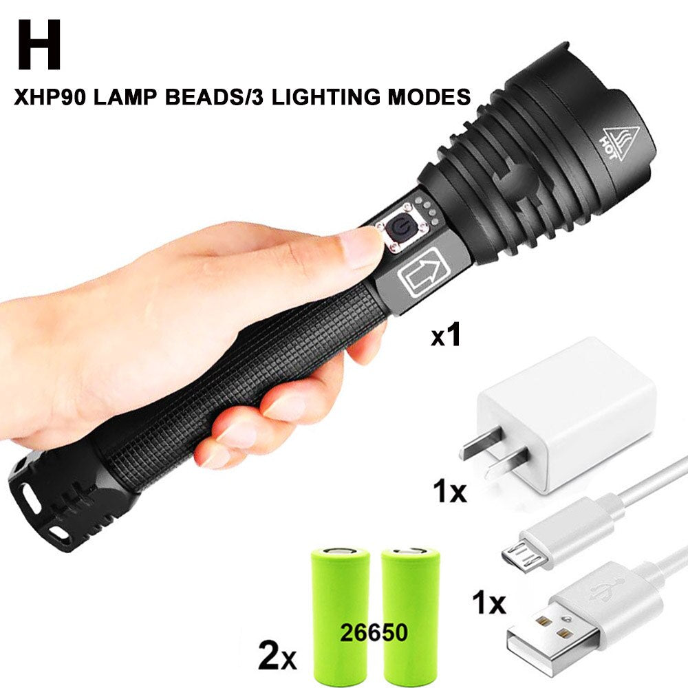 ZK20 Dropshipping 8000LM XHP90 XHP50 XHP70 LED Flashlight Zoomable USB Rechargeable Power Display Torch 26650 Handheld Light