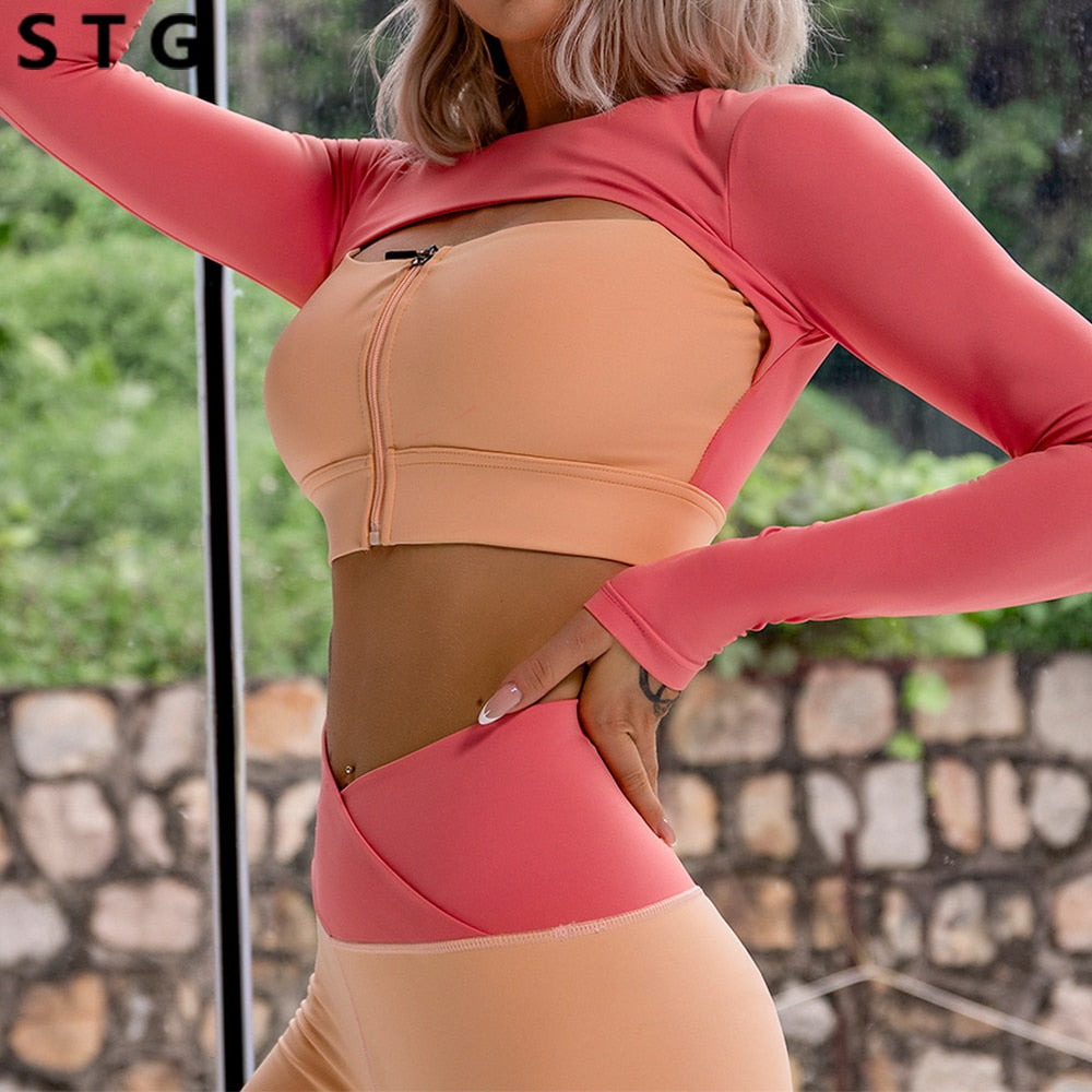 Sexy Long Sleeve Sports Tops Women Zip Fitness Yoga Shirt Gym Top Activewear Running Coats Gym Workout Clothes Woman