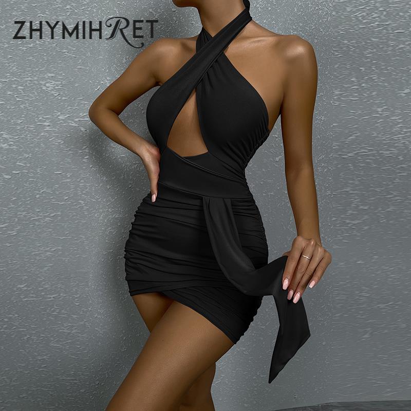 ZHYMIHRET Pink Cross Front Halter Ruched Summer Dresses Woman 2022  Backless Sexy Mini Bodycon Dress Party Female Clothing