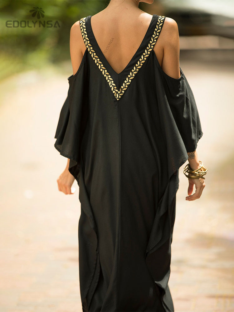 2023 Sexy Cold Shoulder V Neck Bats Sleeve Loose Summer Beach Dress Plus Size Women Beachwear Kaftan Black Dress Q943