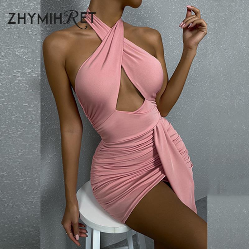 ZHYMIHRET Pink Cross Front Halter Ruched Summer Dresses Woman 2022  Backless Sexy Mini Bodycon Dress Party Female Clothing
