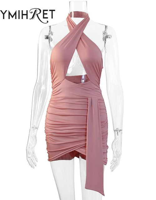 Load image into Gallery viewer, ZHYMIHRET Pink Cross Front Halter Ruched Summer Dresses Woman 2022  Backless Sexy Mini Bodycon Dress Party Female Clothing
