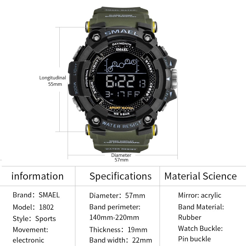 Mens Watch Military Water resistant SMAEL Sport watch Army led Digital wrist Stopwatches for male 1802 relogio masculino Watches