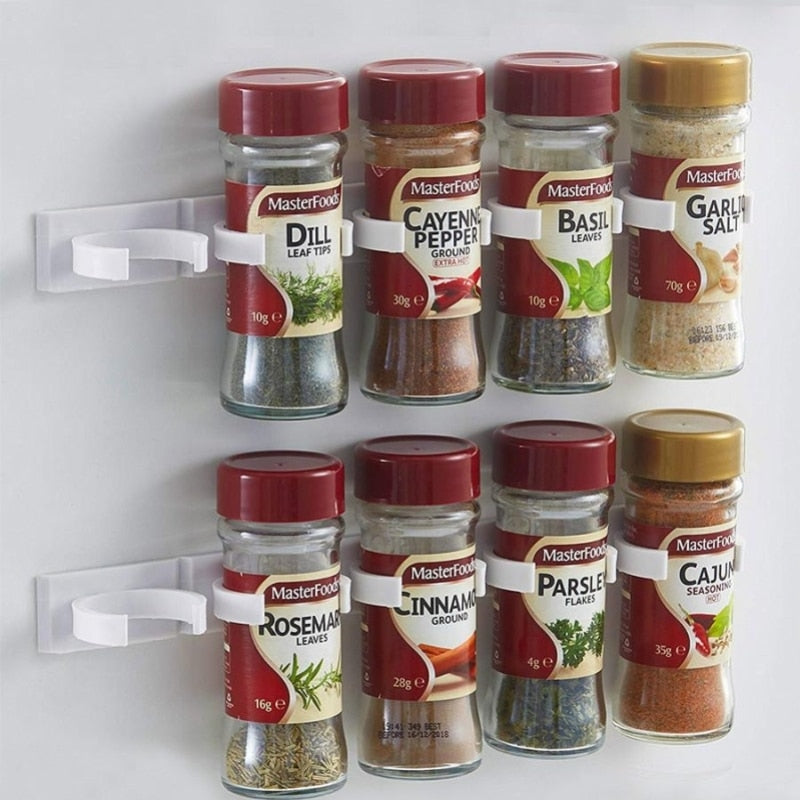 2/4PC Spice Bottle Rack Kitchen Storage Wall Mount Ingredient Plastic Adhesive Clip Cabinet Organizer Door Hooks Jar Holder Tool
