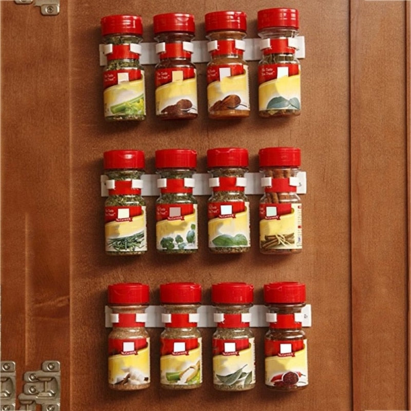 2/4PC Spice Bottle Rack Kitchen Storage Wall Mount Ingredient Plastic Adhesive Clip Cabinet Organizer Door Hooks Jar Holder Tool