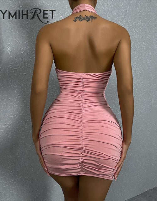 Load image into Gallery viewer, ZHYMIHRET Pink Cross Front Halter Ruched Summer Dresses Woman 2022  Backless Sexy Mini Bodycon Dress Party Female Clothing
